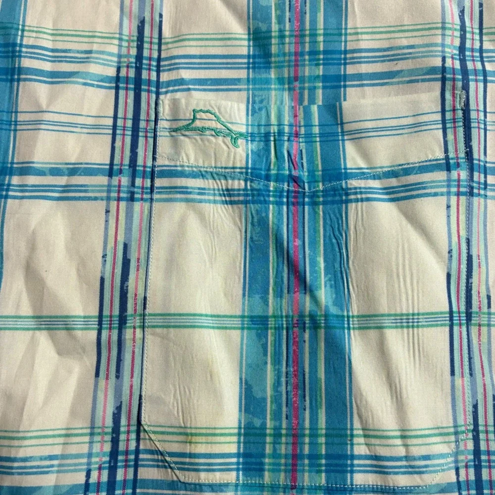 Tommy‎ Bahama Plaid Button Down Mens XXL Turquoise Pima Cotton Excellent Marlin